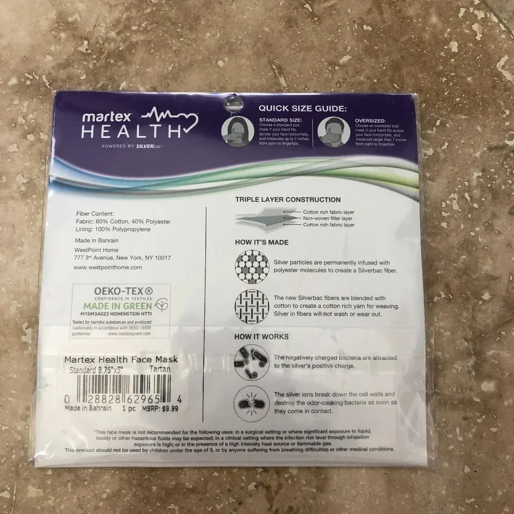NEW MARTEX HEALTH Reversible FACE MASK Plaid